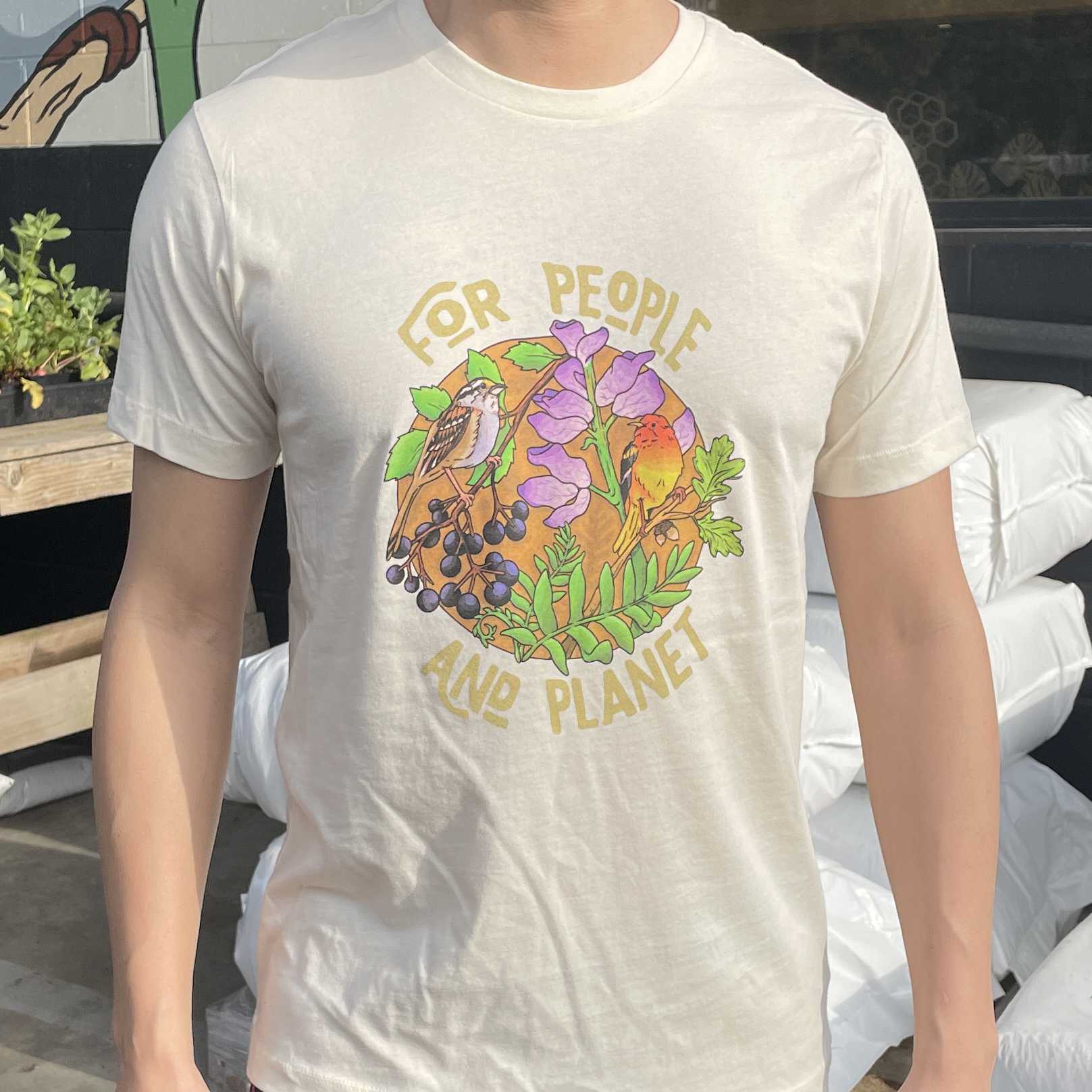 "For People and Planet" SymbiOp T-Shirt: Sparrow, Tanager, Elderberry, Lupine, Acorn, Fern, Full-color