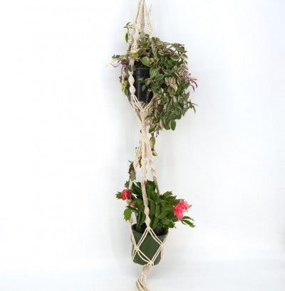 Macrame Cotton Plant Hanger, Double (41in) - Cotton Natural
