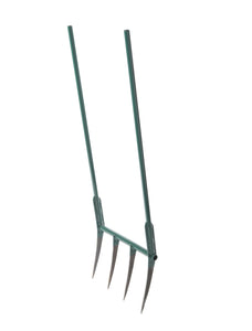 A photo of a green Broadfork with 12 inch tines on a white background. 