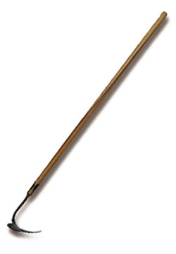 Korean Long Handle Weeder / Cultivator. It has a wooden handle and dark metal head.