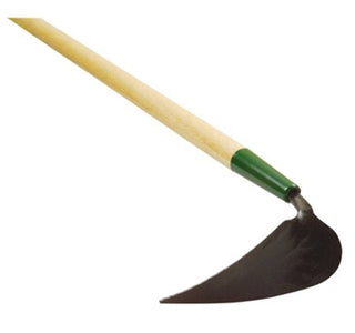 Korean Long Handle Weeder / Cultivator. It has a light wooden handle and dark metal head.