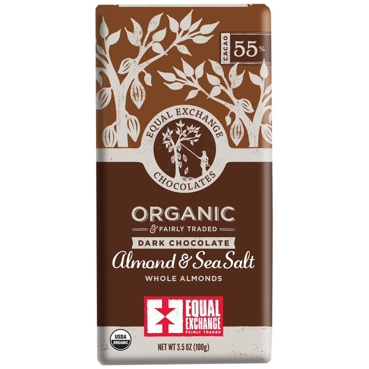 A bar of Equal Exchange's organic almond and sea salt bar with whole almonds. The label is brown with silver lettering and designs.