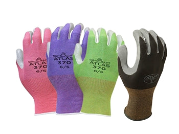 4 different colored gloves. Colors from left to right: pink, purple, green, and black.