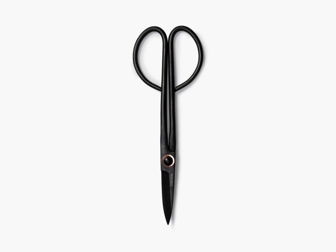 Thin black metal shears with small looped handles. The blades at the end are quite small.