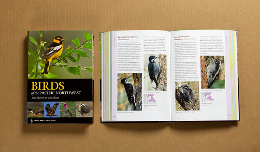 The cover of the book, which has several birds of all sizes and varieties, sits next to an open book. The open book shows an example of 2 pages with images of birds and descriptions.