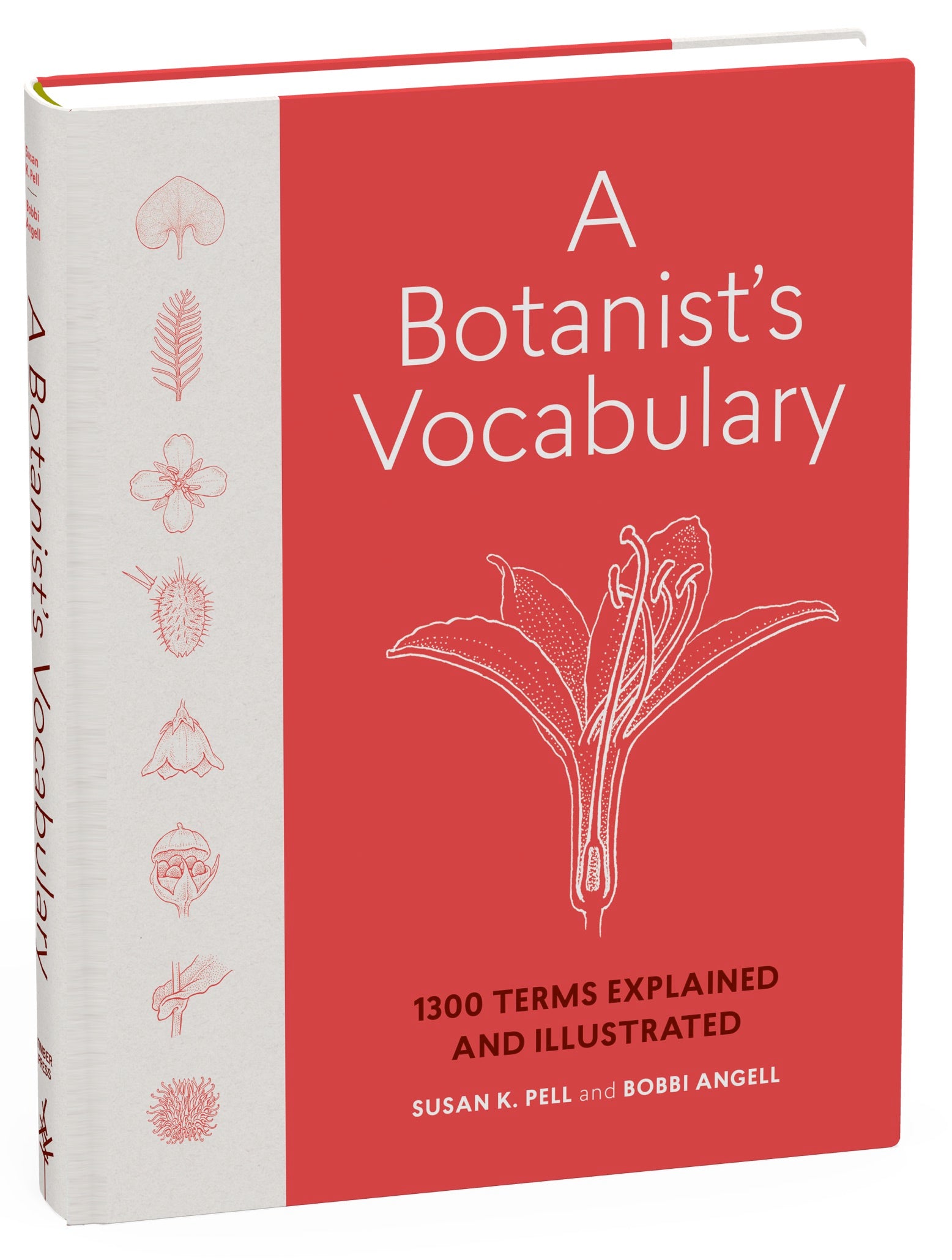 A red book with a white spine. There are illustrations of leaves, buds, and other plant parts on the cover.