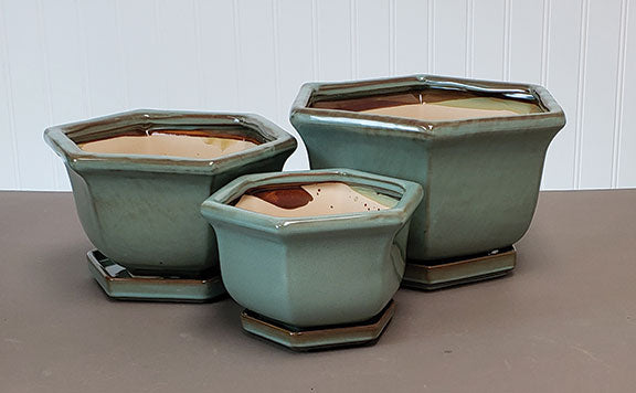 Glazed Hex Bonsai Pot with Saucer