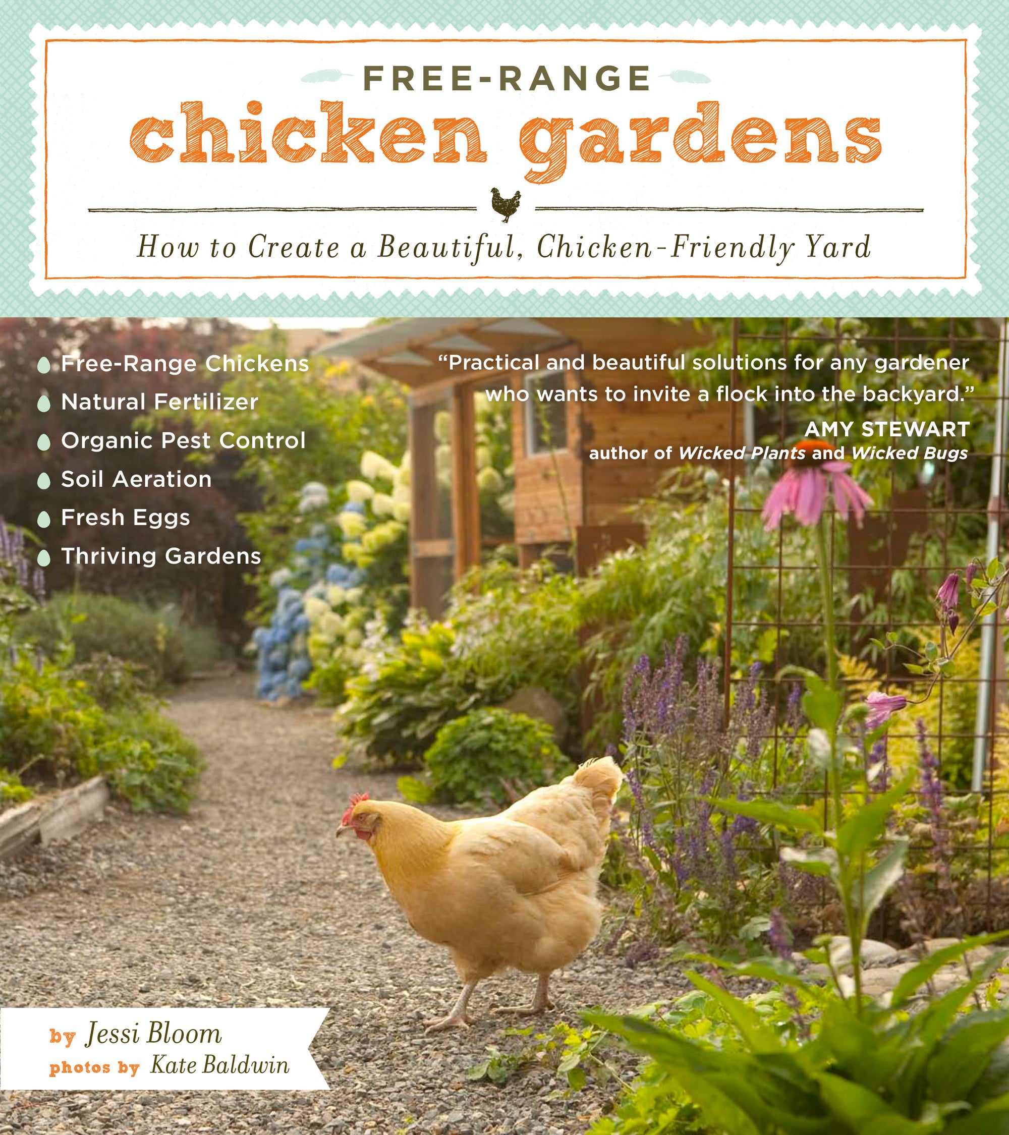 The cover shows a tan colored chicken in the middle of a colorful garden. 