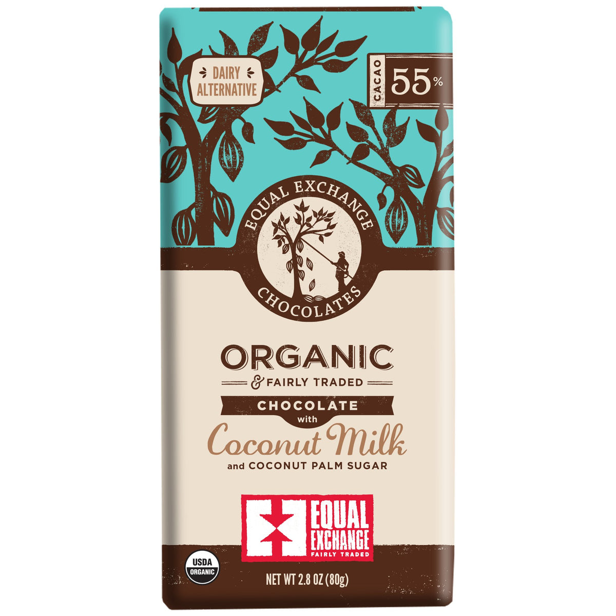 A bar of Equal Exchange's Organic Chocolate with Coconut Milk. The label is blue, cream, and brown.