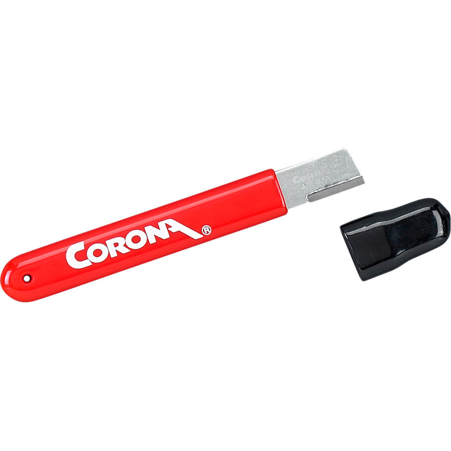 A red tool with a silver square sharpening blade at one end.