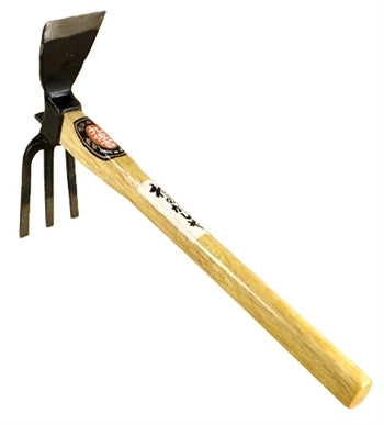 A hoe with a wooden handle and black metal head. One side of the head is a hoe, the other is a 3 pronged cultivator rake.