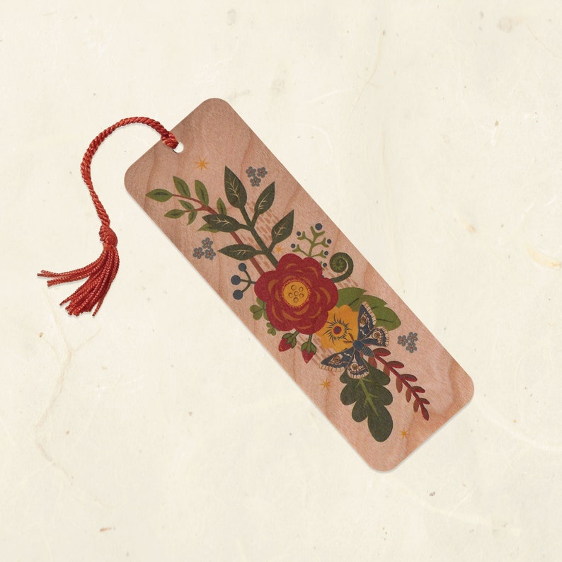 Folk Flowers Wood Bookmark with Tassel Eco-Friendly Fine Art