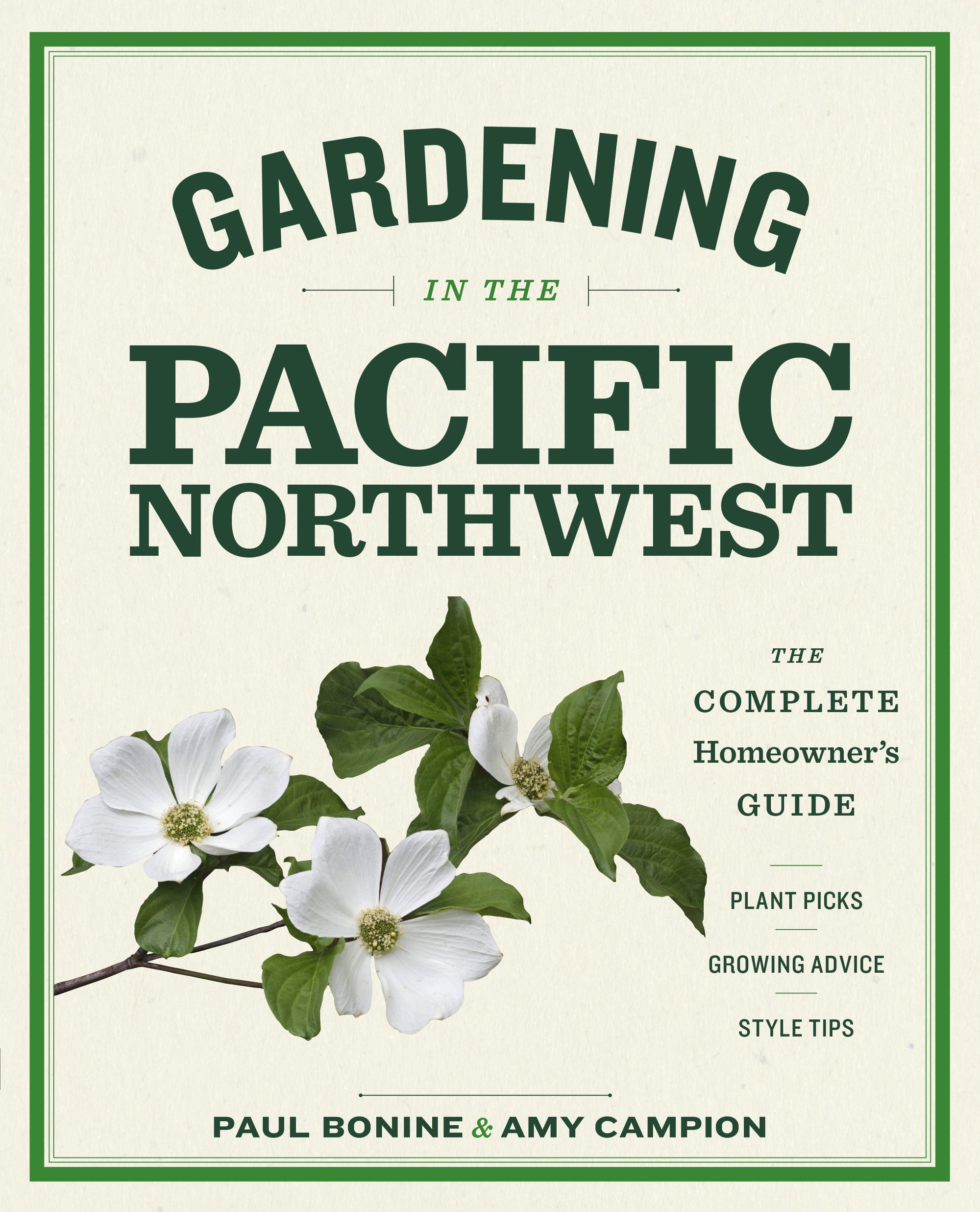 A cream cover with a green border. A dogwood branch with white flowers and green leaves is also on the cover.