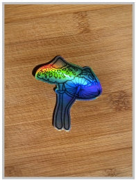 Two colorful holographic mushrooms are side by side.