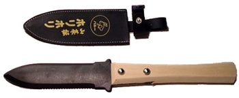 A black hori hori knife with a long wooden handle. It has a black sheath. 