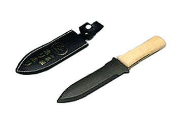 A black hori hori knife with a wooden handle. It has a black sheath. 