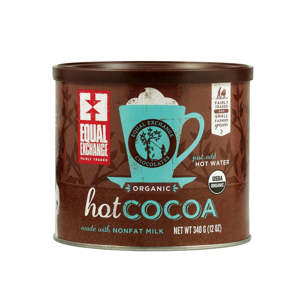 A brown can of hot coco. There is a blue cup with white foam on the label.