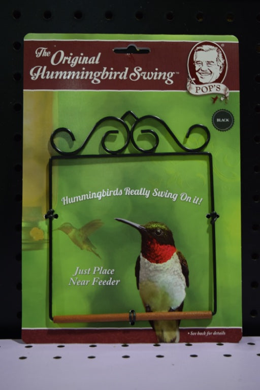 Pop's original hummingbird swing. The swing is made from black metal with a wood perch. The packing shows a hummingbird perching.
