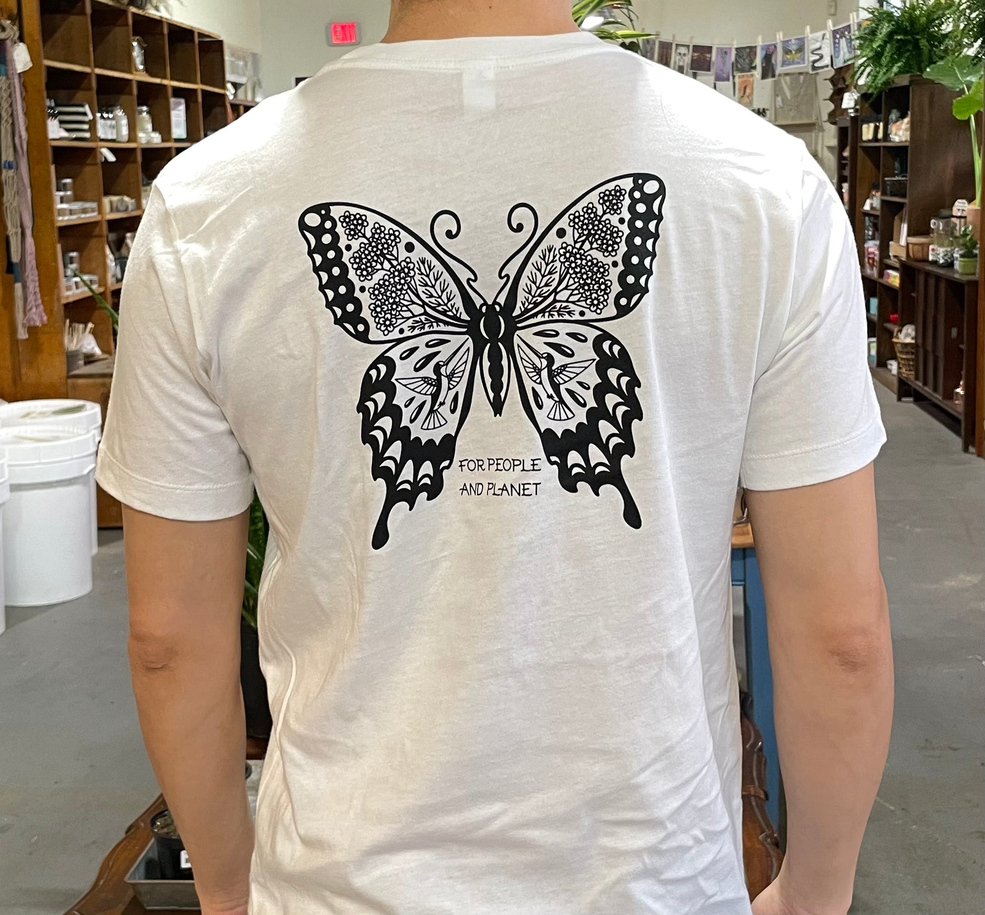 Monarch Butterfly SymbiOp T-Shirt: Hummingbird, Yarrow, Black on White