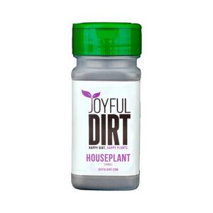 A small container of fertilizer with a green lid. It has a white label with the Joyful Dirt logo.