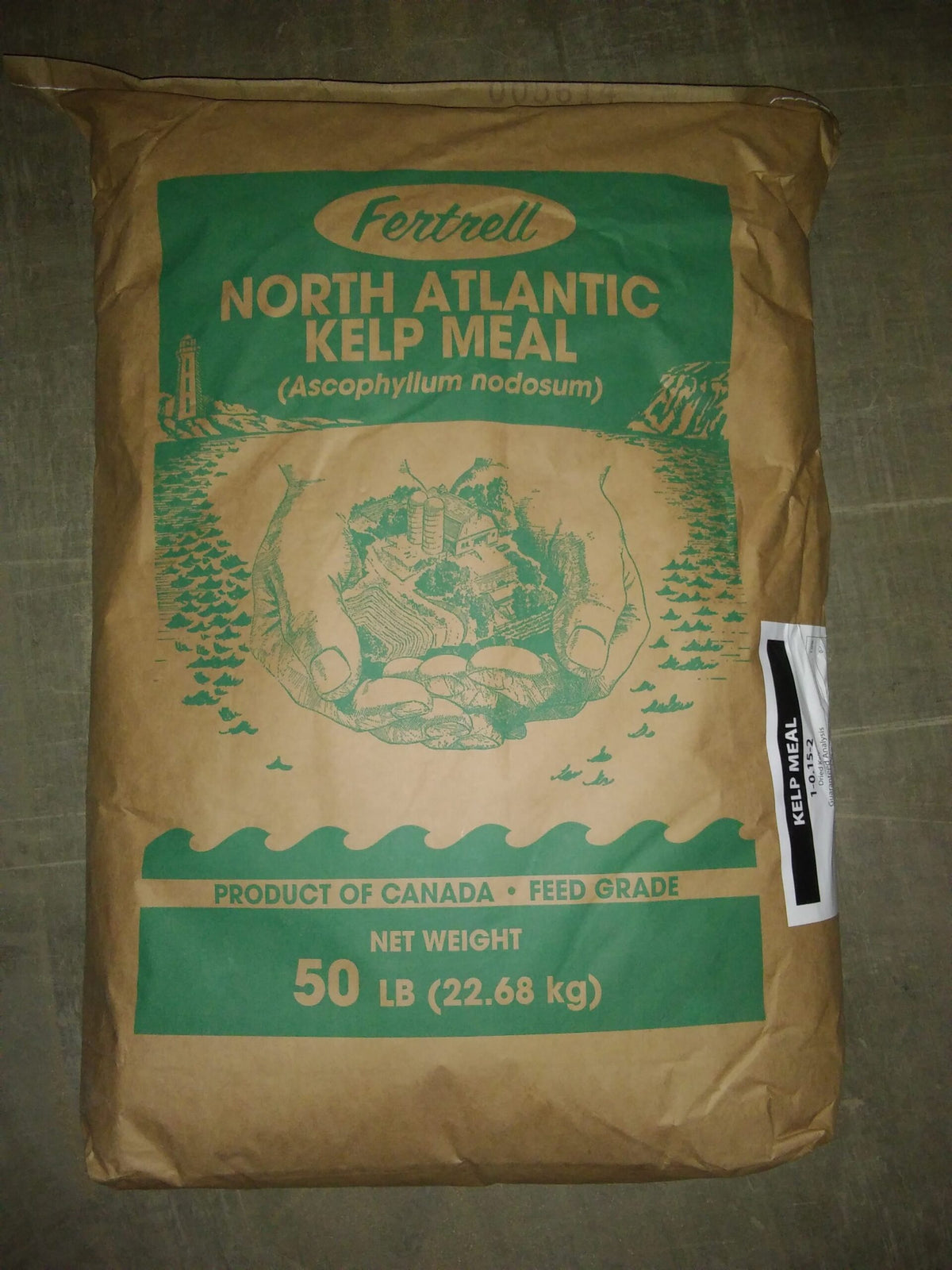 A large brown bag with green labels and text. 