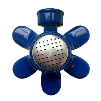 A blue metal sprinkler with a silver center. It is shaped like a daisy.