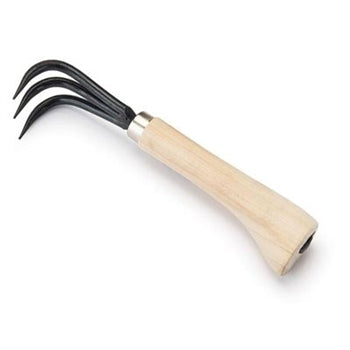 A tool with a black 3 pronged head and wooden handle.