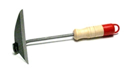 A silver hoe with a red and wooden handle.