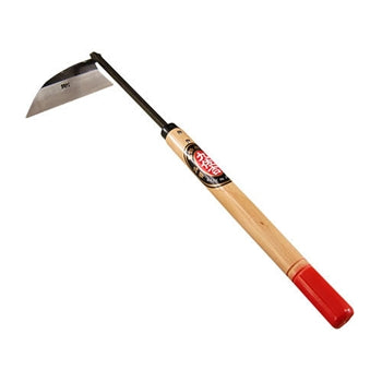 A hoe with a black and silver metal head and a long wooden handle with a red grip at the top.