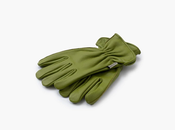 A pair of olive green leather work gloves stacked on top of each other.