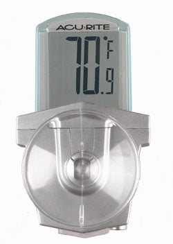 A silver digital thermometer with a suction cup