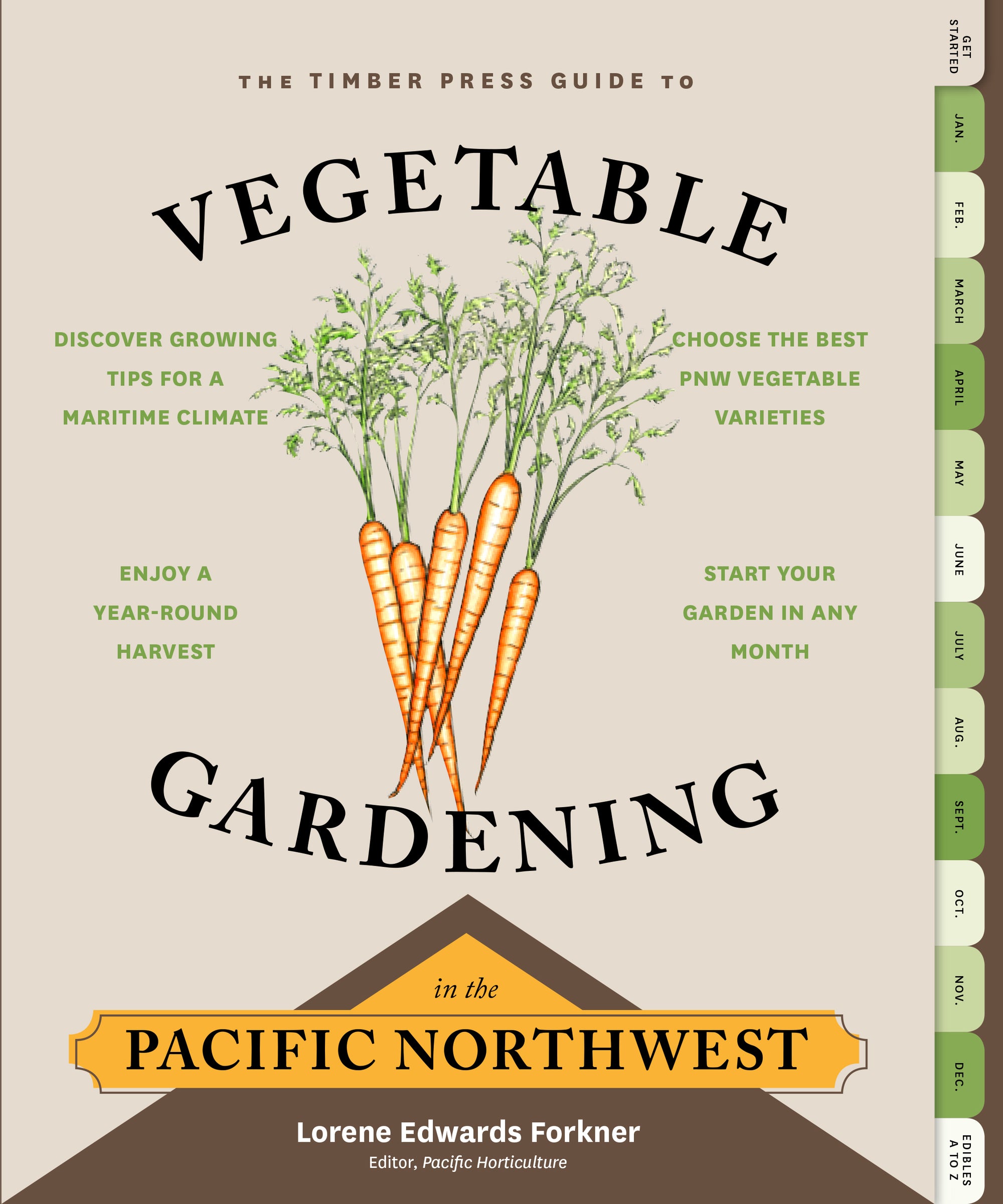 A book with a tan cover with an illustration of carrots on the front. There are green and white tabs on the side.
