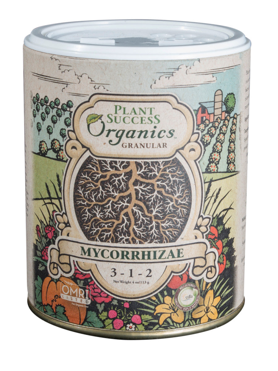 A small can of Plant Success fertilizer. There is a root system on the front of the label. The rest of the can has a colorful farm scene with different flowers and plants at the bottom.