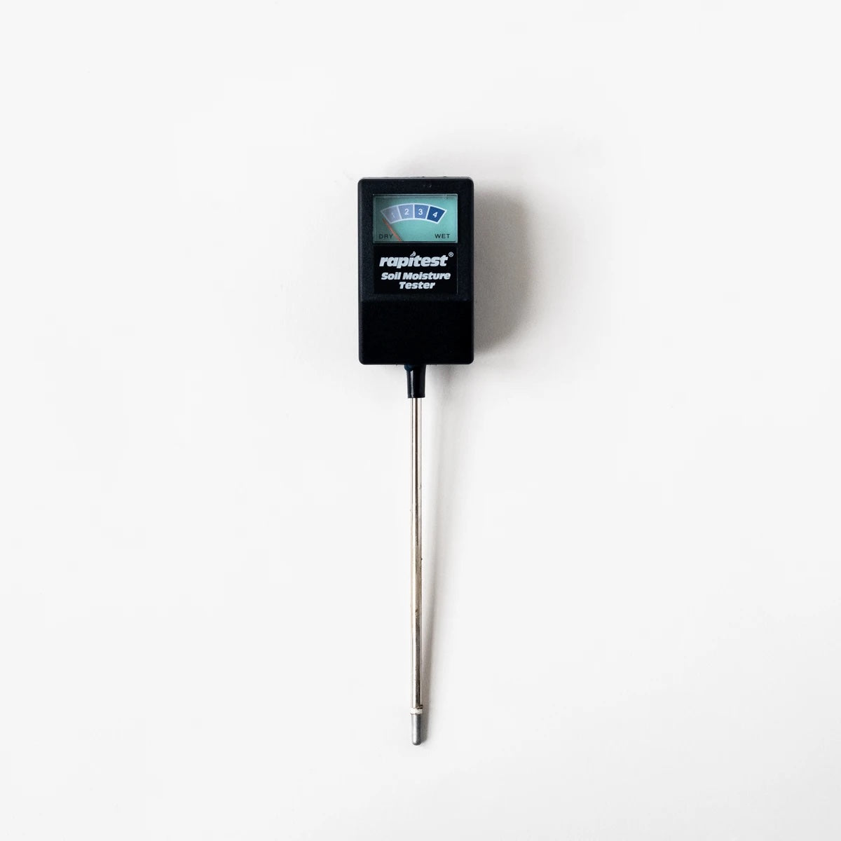 A moisture meter. It is black with a clear screen displaying a meter. The rest of the tool is silver.