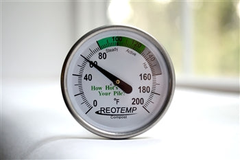 The display of the thermometer. It is white with some green and gray designating whether compost is steady, active, or hot by temperature. 