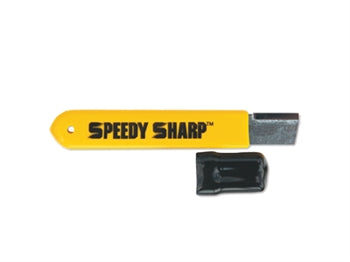 This tool has a yellow handle that reads "Speedy Sharp" and a short, square metal blade at the end.