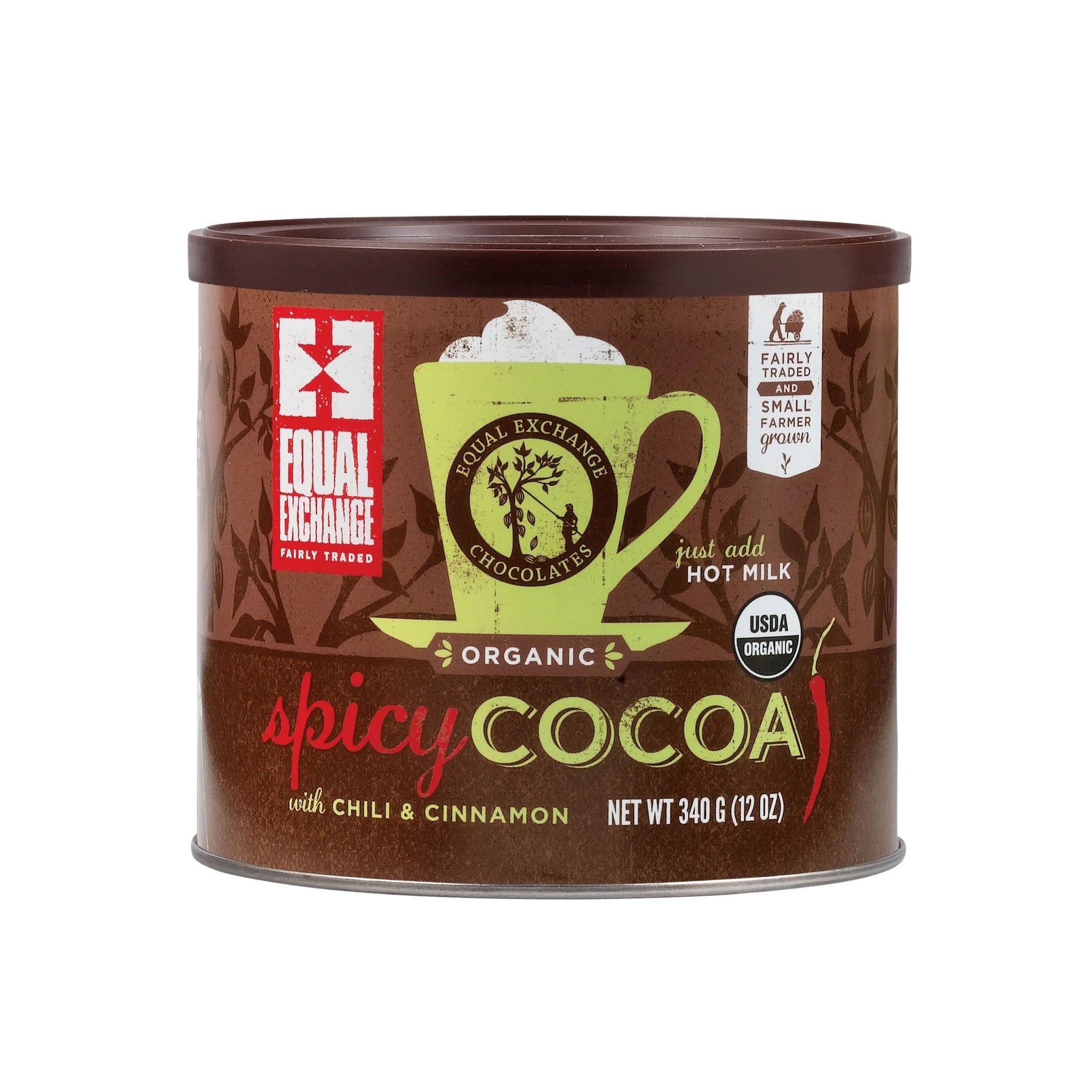 A brown can of spicy hot coco. There is a green cup with white foam on the label.