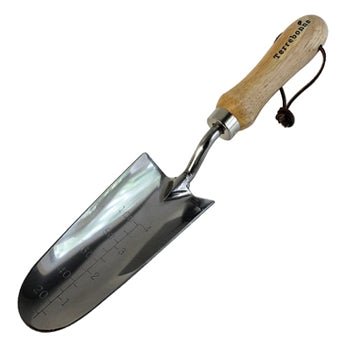 A silver trowel with a measuring tool etched into it. It has a wooden handle.