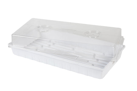 A white tray with a clear lid.