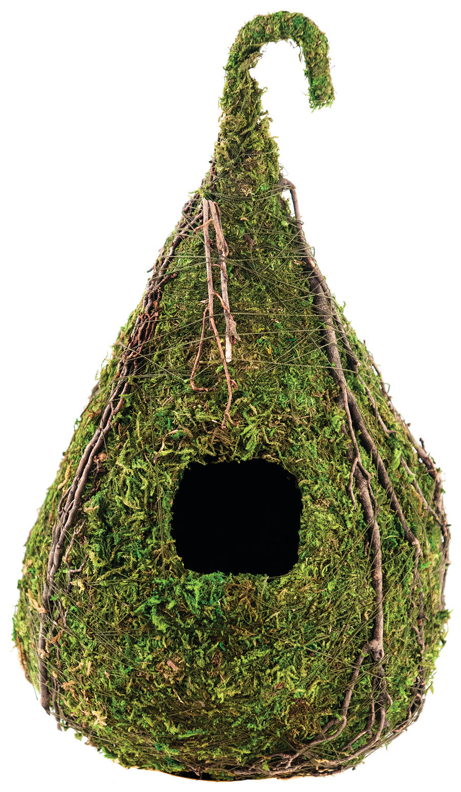 A raindrop-shaped birdhouse made of moss. There is a small hole in the center.