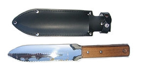 A shiny silver hori hori knife with a dark wooden handle. It has a black sheath. 