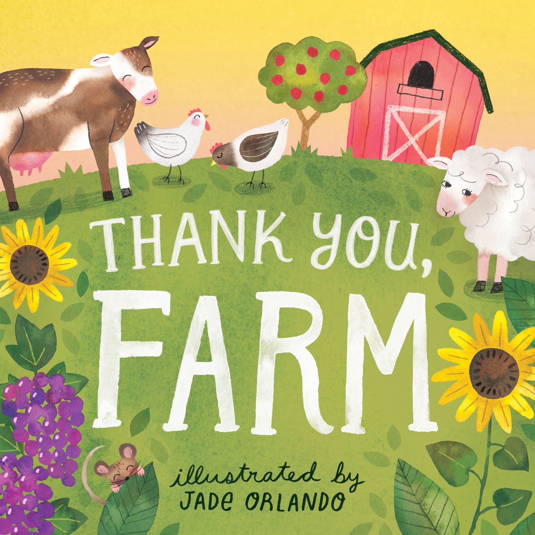 An illustrated book cover with a farm scene. There are chickens, a cow, a sheep, and a mouse along with a red barn and plants.