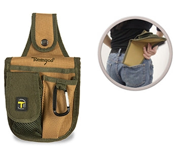 A black and brown pocket guard. It has multiple pockets and a carabiner. To the right there is an image of someone putting the pocket guard into the back pocket of their blue jeans.