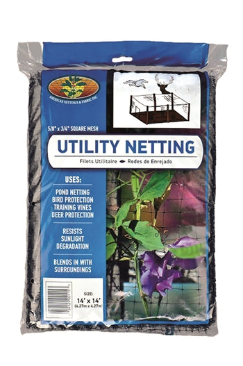 A clear bag of black netting. There is a large blue label that takes up most of the packing. It shows an image of the net with a green plant in front of it.