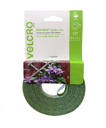 A package of green rolled-up garden ties. The label is white and lime green with an image of a purple flowering plant against a wood fence.