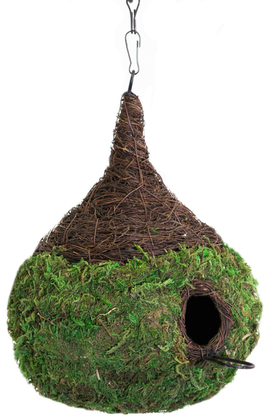 A hanging birdhouse with a raindrop shape. The top is brown and the bottom portion is green and mossy. There is a small hole for birds to enter through with a perch outside.