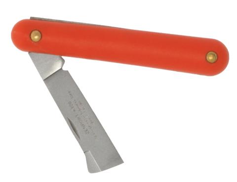 A rectangular silver blade folding out from an orange handle. 