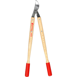 A pair of garden loppers on a white background. The handles are long and light colored wood. They have red handles at the end with a silver blade at the top of the loppers.