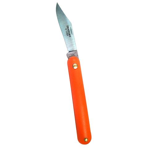 A small, sharp silver blade with an orange handle.
