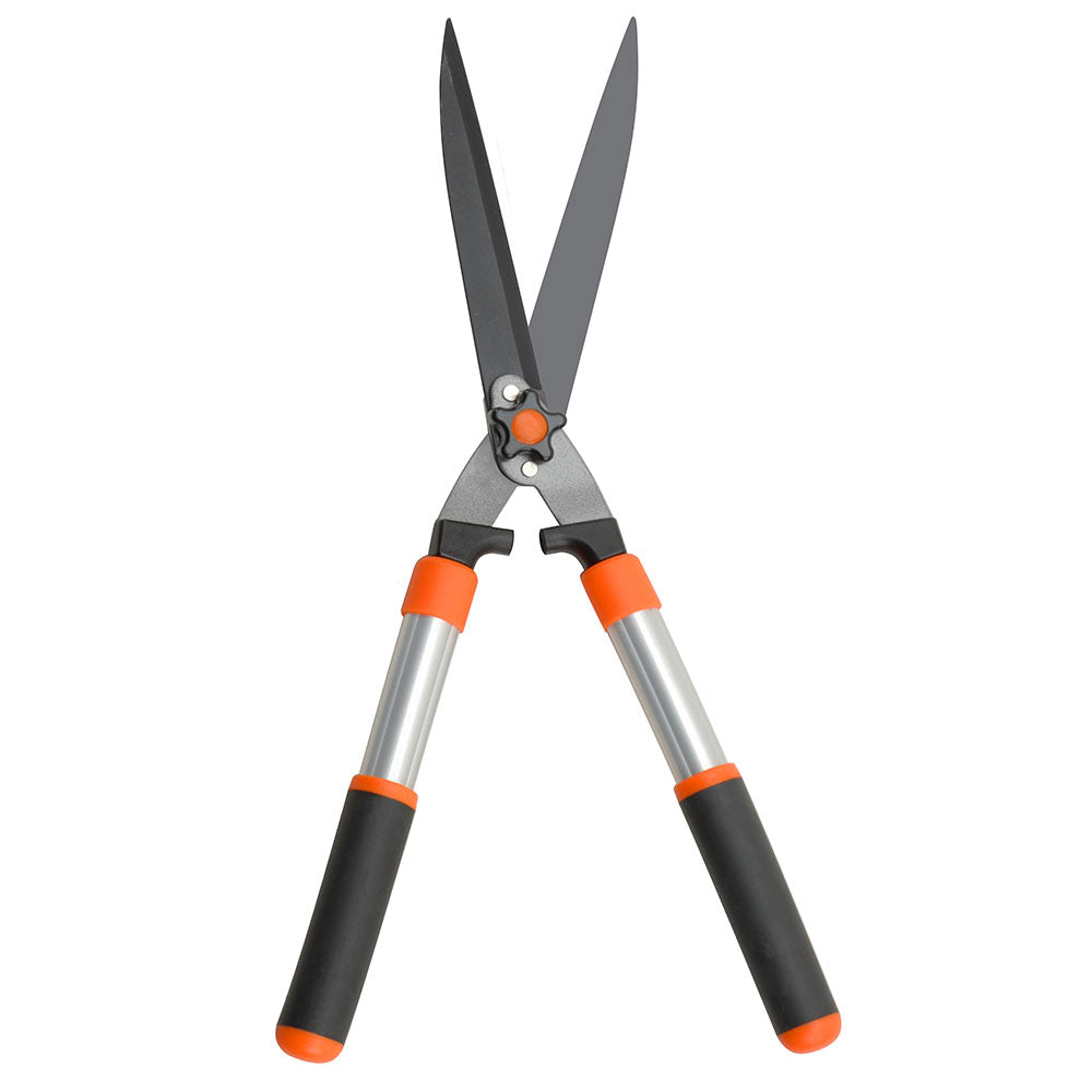 A tool with long sharp silver blades and black, orange, and silver handles.